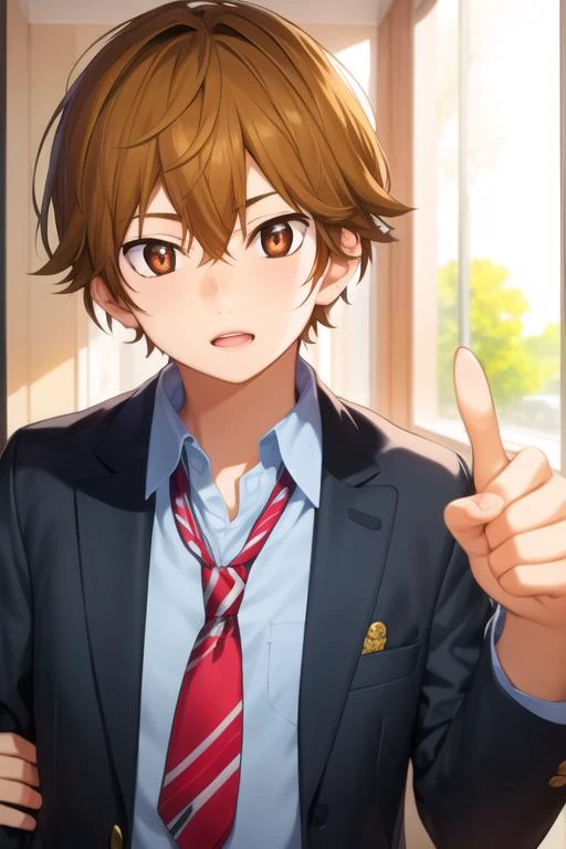 masterpiece, best quality, , 1boy, solo, male focus, looking at viewer, upper body, , <lora:ryouta_watari:0.72>, ryouta_watari, brown hair, brown eyes, school uniform,