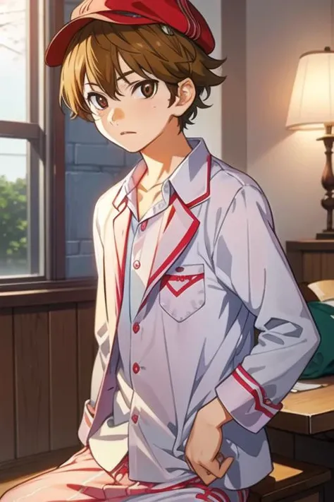 masterpiece, best quality, game cg, 1boy, solo, male focus, looking at viewer, , depth of field, <lora:ryouta_watari:0.74>, ryouta_watari, brown hair, brown eyes, pajamas, hat