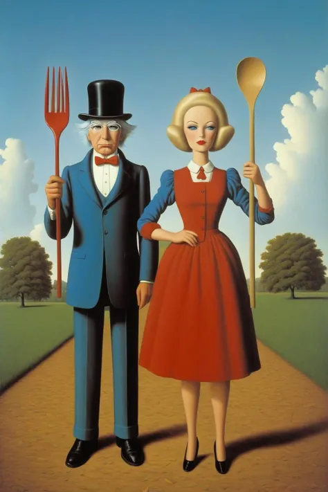 STYLE OF RENE MAGRITTE,<lora:FF_Style_Rene-Magritte:1>,
Surreal,
American Gothic,but the main characters are Uncle Sam and Barbie Millicent Roberts,with Uncle Sam holding the pitchfork,