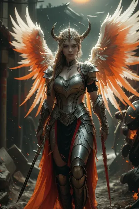 a woman in armor with wings and a sword stands in front of a fire