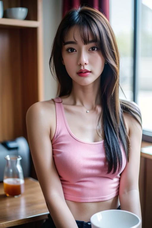 (best quality:1.4), (ultra highres:1.2), (photorealistic:1.4), (8k, RAW photo:1.2),(portrait shot:1.3), pinomyim, 1girl, bare shoulders, black hair, breasts, cup, drinking glass, holding, holding cup, lips, medium breasts, midriff, realistic, long hair, so...