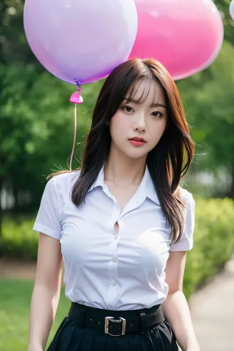 a woman in a white shirt and black skirt holding two pink and purple balloons