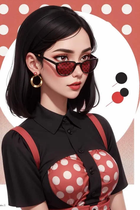 ..., 1girl, black hair, circle, color guide, dress, earrings, jewelry, lipstick, makeup, polka dot, polka dot background, polka dot dress, polka dot shirt, red background, solo, spoken ellipsis, sunglasses, unmoving pattern, upper body