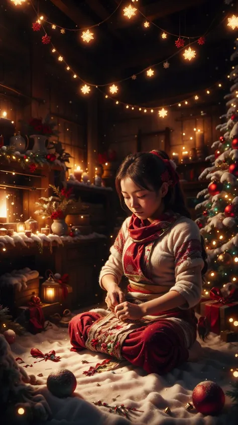 <lora:ChristmasWintery:1.0> ChristmasWintery a young woman from Laos weaving a silk scarf on her loom, (Masterpiece:1.3) (best quality:1.2) (high quality:1.1)