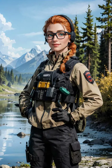 lis, orange hair, one braid, green eyes, glasses, headset, military clothes, jacket, bulletproof vest, gloves, looking at viewer, smiling, happy, medium shot
standing, hands on hips, outside,mountain, trees, river, blue sky, extreme detail, masterpiece,  <...