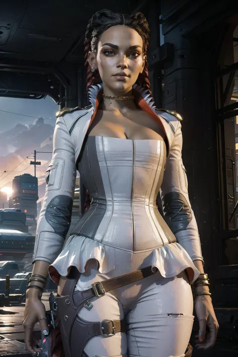 lobaal7, black footwear, boots, collarbone, head_tilt, high_heel_boots, jacket, jewelry, standing, looking_at_viewer, necklace, cropped pants, parted lips, thighs, weapon, cropped white jacket 
cyberpunk background, exotic sports car, moonlight, bright amb...