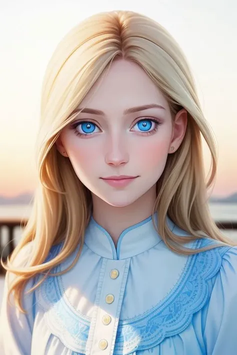 Hyper realistic Instagram portrait, a gorgeous swedish mother, slight smile, pale skin, detailed skin, bright blue detailed eyes, sunset, photo taken with iphone 4, soft light, HDR, 8k, jpeg artifacts, beautiful