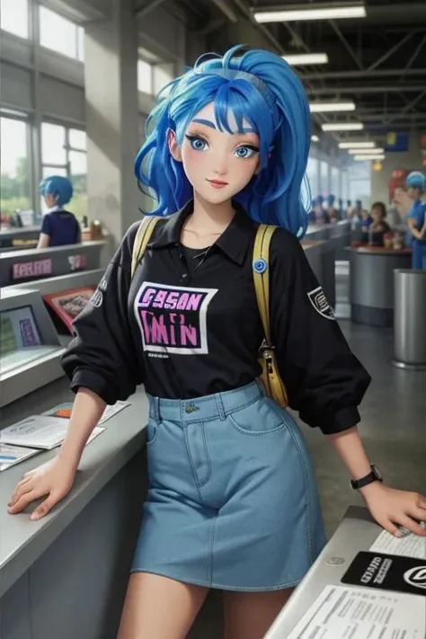 blue haired cashier waiting at a checkout lane