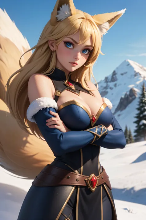 (close up:1.1), (head, shoulders:1.3), 1girl, hourglass figure, large breasts, busty, (wide hips:0.85), thin waist, (1girl:1.35), (fox girl:1.3), (fox ears:1.2), (fox tail:1.1), ice queen, (black blue armor:1.25), ice warrior, royalty, ice crown, fur linin...