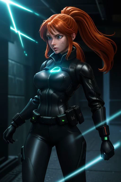 futuristic environment
center frame, dark alley, action shot, (glowing magical aura, (magical energy radiating from hands))
1girl, 25 years old, slender body, slender limbs, ginger hair, long hair, twin pony tails, messy pony tails, green eyes, glowing eye...