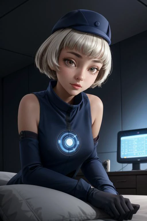 a profesional picture of 1 girl,teen girl,small breasts,astetic beauty,  <lora:persona3_elizabeth-10character:0.69> elizabeth, hat, sleeveless dress, gloves   on dusk , in Cybernetic Haven of Cosmic Explorers: A fusion of technology and comfort, the crew q...