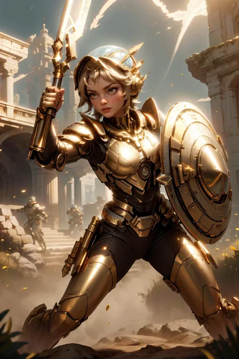 a woman in armor holding a sword and shield in front of a castle