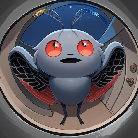 score_9,score_8_up,score_7_up,fisheye,eye_focus,mothman, pokemon \(creature\), red eyes, open mouth, antennae, , grey skin, wing...