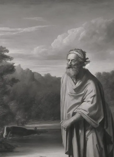 ((masterpiece)), (best quality),  1 old man wearing toga, upper body, river shore, grass, cloudy sky, <lora:EngravingsV3:0.6>, monochrome