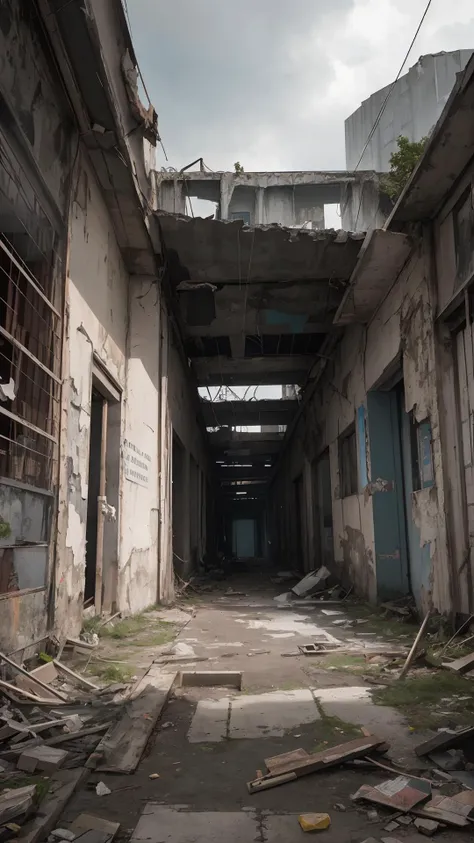 arafed building with a bunch of windows and a bunch of debris