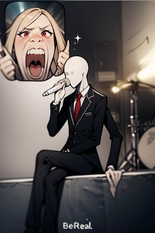 cartoon of a man in a suit sitting on a stage with a microphone