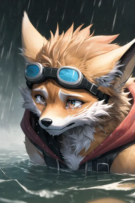 An ultra-detailed, photo-realistic artstation digital painting masterpiece close up of a confused male fox boys head, wearing goggles with tears, running in rainy city. Hood blown back, tears streaming down anguished face. Matted fur, ears flattened. Kicki...