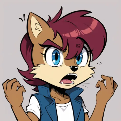 (best quality, masterpiece:1), cartoon, flat colors, solo, furry female anthro sally chipmunk girl, closeup, headshot, chibi, (angry:1.2), yelling, hands up, white shirt, blue vest, wide-eyed, (simple background:1.1), red hair, <lora:sally-v1:1>