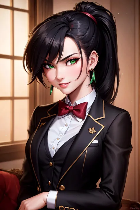 Masterpiece,Sharp Focus, ,, HDR,Highly Detailed,Studio lighting,Professional photograph,4k,long ponytail Haircut, , (teasing:1.2), small breasts, portrait, black blazer dress,red bowtie,,(seductive Smile),(seductive Look),(seductive Eyes), skinny, earrings...