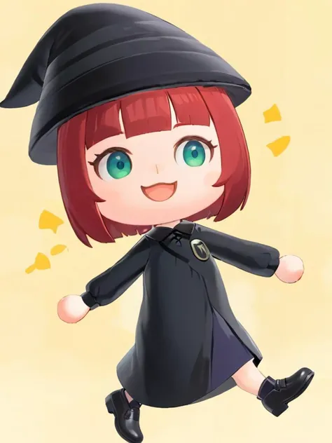 <lora:dongsen_xl:1>,chibi,1girl,hat,solo,red hair,smile,open mouth,witch hat,yellow background,short hair,green eyes,robe,black robe,:d,black headwear,bangs,blunt bangs,full body,black footwear,dress,parody,cosplay,long sleeves,blue dress,blue eyes,aqua ey...