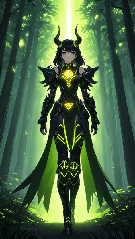 (masterpiece), (highest quality), highres, 1girl, dark forest, green eyes, solo, (black hair:1.2), looking at viewer, horns, glowing horns, shoulder cyberpunk armor, full body, closed mouth, outdoors, pauldrons, long hair, tree, glowing yellow gem in armor...