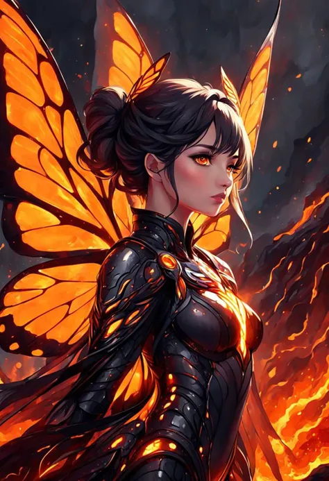 Beautiful woman Butterfly, lava, wings. detail, molten lava, glow, detailed texture