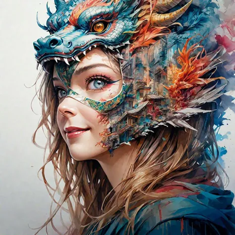 Woman wearing Chinese dragon mask shows half of her face to the audience and smiles,by Minjae Lee, Carne Griffiths, Emily Kell, Steve McCurry, Geoffroy Thoorens, Aaron Horkey, Jordan Grimmer, Greg Rutkowski, amazing depth,high resolution, ink painting