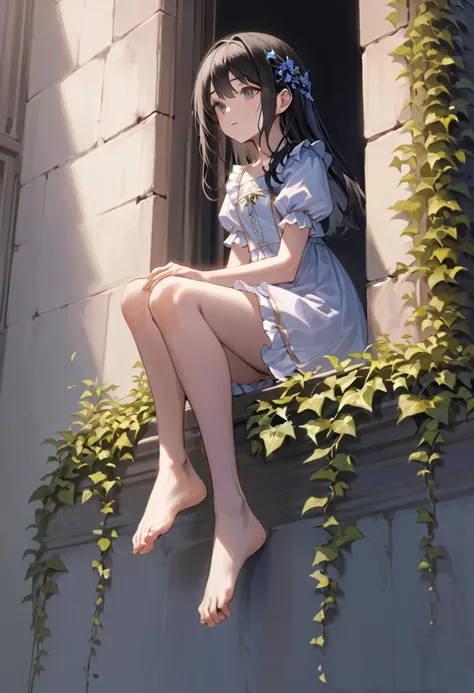 masterpiece, detailed, (barefoot:1.2), teen, 1girl, sitting in mansions open window, view from outside, black hair, full body, child, wall, (ivy:0.9), frilled dress, hair ornament, legs dangling