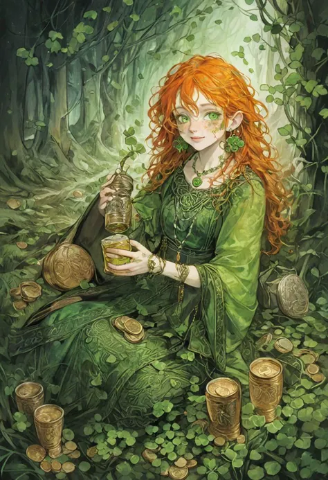 FaceDetail, pale skin, bright and wide open green eyes, orange hair with red shadows, freckles, makeup, smokey eyes, clover earrings, green pendant with celtic motif, green dress, clover necklacebright forest in ireland. Sitting on a bag full of gold coins...