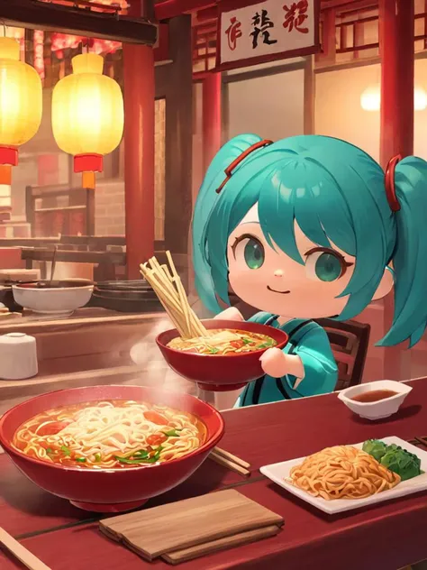 <lora:dongsen_xl:1>,chibi,3D,1girl,miku,having noodles,chinese traditional restaurant,.masterpiece,best quality,highres,delicate details,...,