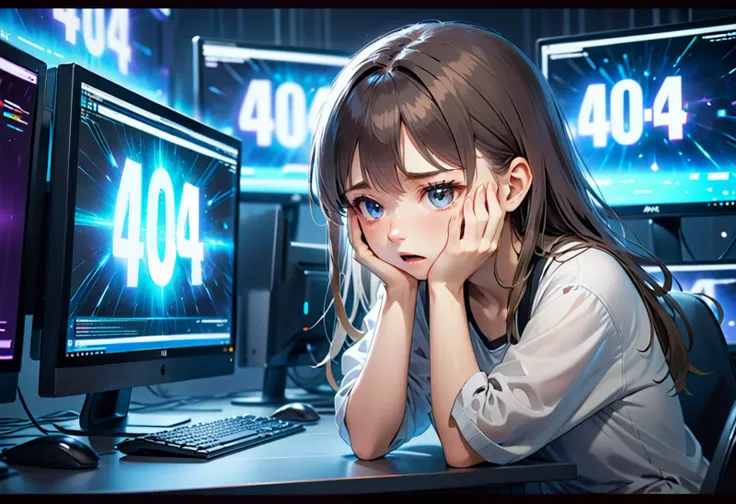 terriried girl in cyberspace,many computers with big 404 text on monitors,