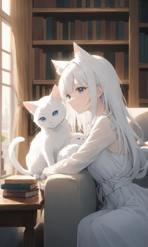 anime girl sitting on a couch with a cat in front of her