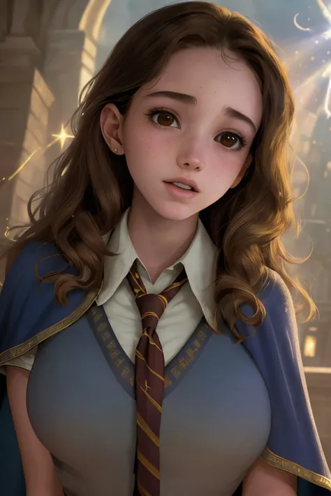 <lora:LauraTaylor_v1:.9> LauraTaylor, looking up, solo, half shot, detailed background, detailed face, (Harry Potter theme:1.1), hogwarts student, playful, (ravenclaw uniform:1.1), necktie, shirt, cape, dynamic pose, light spell, bright light, hogwarts in ...