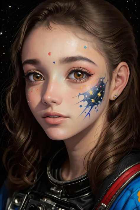 (oil painting:1.2) of <lora:LauraTaylor_v1:.9> LauraTaylor, close up on face, focus on eyes, (outer space face paint:1.2)