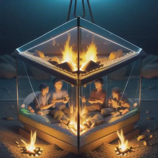 A group of friends roasting marshmallows around a campfire <lora:Just_In_Case:1> terrarium