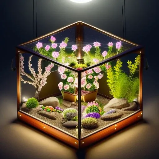 octane rendering of (A moonlit garden in bloom with fragrant roses climbing trellises and fireflies twinkling among lush foliage a wrought-iron bench nestled beneath a flowering cherry tree its delicate petals drifting to the ground:1.2) , in a glass displ...