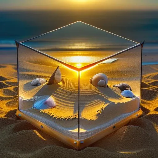 octane rendering of (A windswept beach at dawn with golden sands stretching as far as the eye can see waves crashing against weathered driftwood and seashells scattered along the shoreline seagulls wheeling overhead:1.2) , in a glass display case, oled dis...