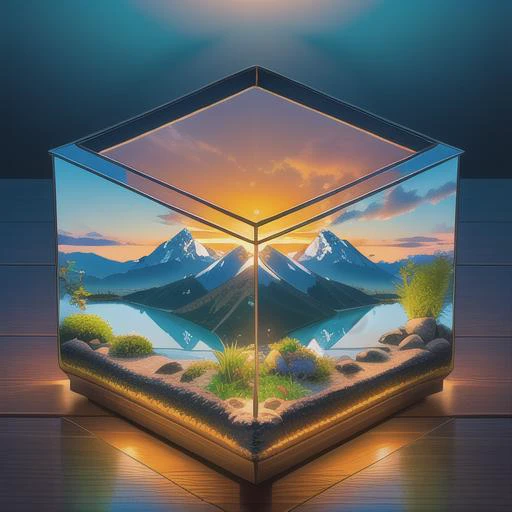 a glass cube with a mountain scene inside it