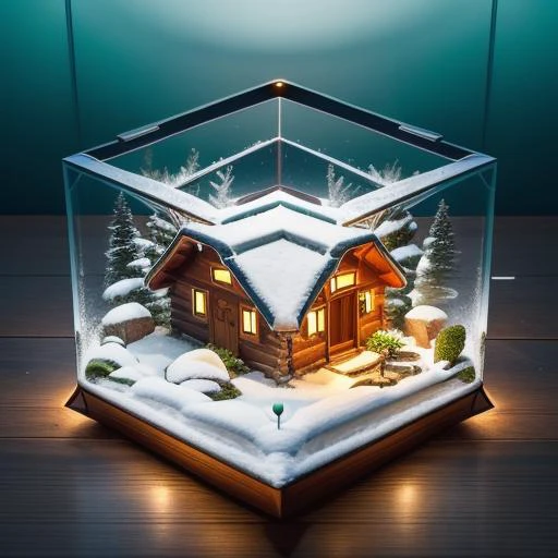 A lone cabin nestled in a snowy forest, <lora:Just_In_Case:1>, terrarium