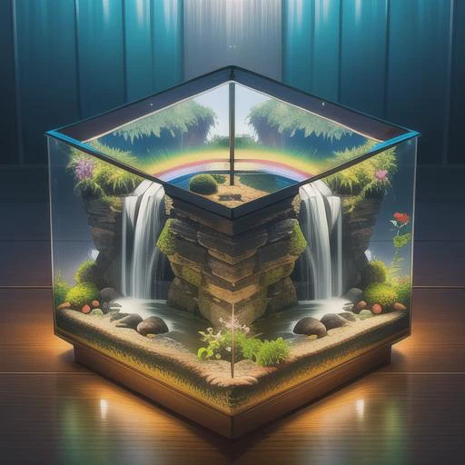 a glass aquarium with waterfall and rocks inside