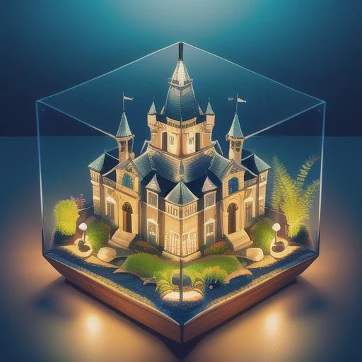 a close up of a small castle in a glass box