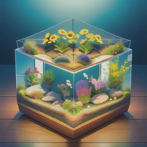 a close up of a glass aquarium with plants and rocks