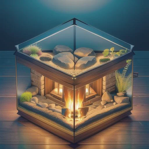A cozy fireplace in a rustic mountain lodge <lora:Just_In_Case:1> terrarium