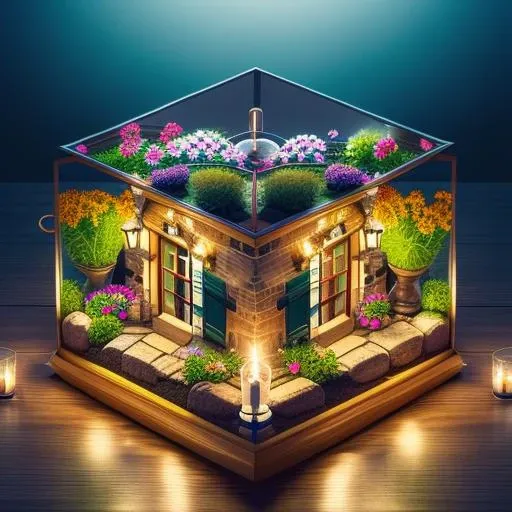 octane rendering of (A quaint cobblestone alleyway in a historic European town lined with charming cafes and flower-filled window boxes a striped awning shading a table where a couple shares a romantic candlelit dinner:1.2) , in a glass display case, oled ...