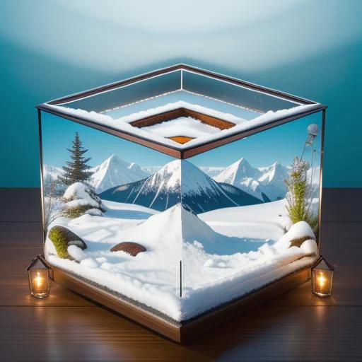 A serene lake reflecting snow-capped mountains, <lora:Just_In_Case:1>, terrarium