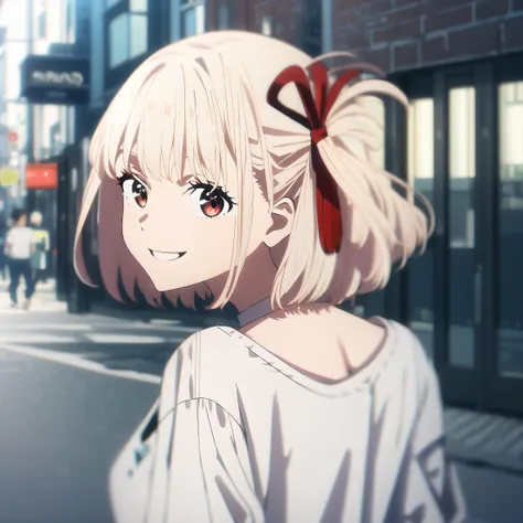 anime girl with blonde hair and red bow in city