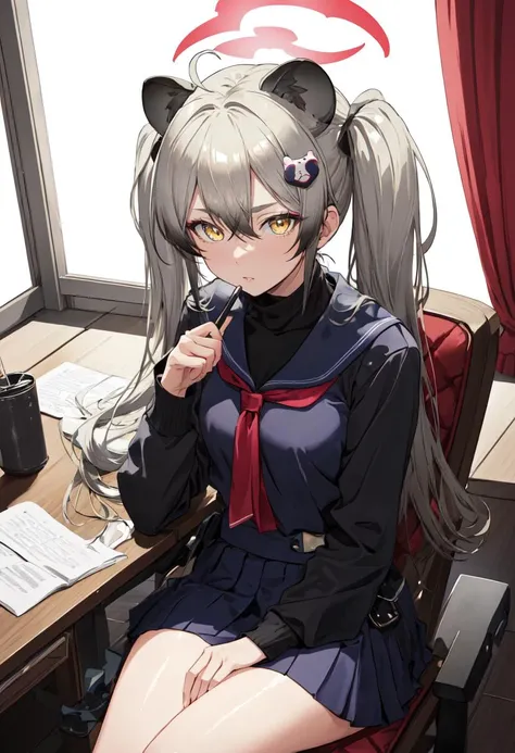 (safe:1.10), best quality, masterpiece, highres, solo, (michiru_bluearchive:1.10), sitting, sitting on chair, chair, cowboy shot, looking at viewer, 25 <lora:michiru_bluearchive:0.80>