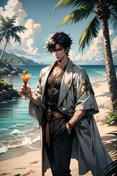 a man in a robe holding a drink on a beach