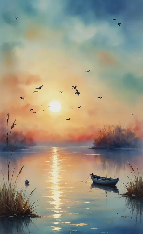 watercolor painting, blurry gradient background, few Birds flying, boat, sedges, Sun in the sky, iridescence