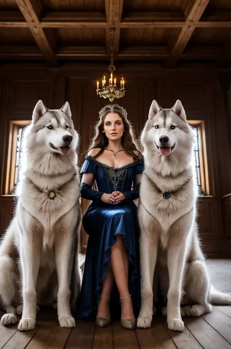 professional photograph of a pack of big siberian huskies, in a medieval palace, warm lighting 4k, masterpiece, highest quality, bokeh, realistic lighting, the siberian huskies are alongside three dark haired beautiful medieval Polish maidens wearing dress...